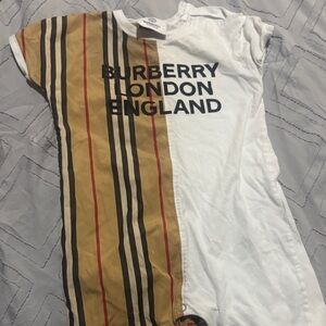 Burberry Kids White and Tan Striped Tee